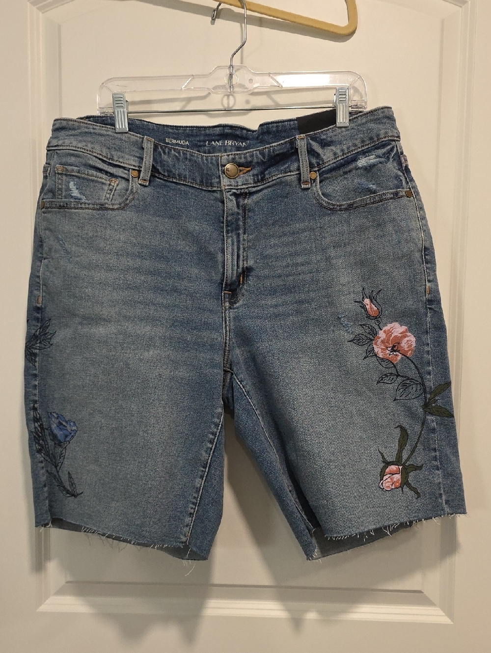 Lane Bryant Limited Edition Light Blue Denim Painted Floral Bermuda Shorts
